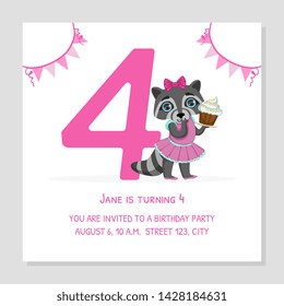 Happy Birthday 4 Years Banner Template, Birthday Anniversary Number with Cute Raccoon Girl Animal, Bright Festive Vector Illustration