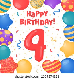 Happy Birthday 4 years card design. Fourth Birthday celebration. Vector illustration. Bday greeting card template. Helium balloons, confetti, number four and text. Fun colorful postcard, party objects