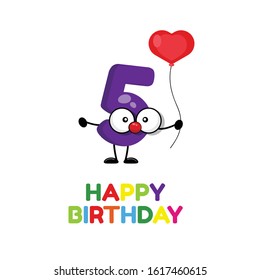 happy birthday - 5 year. happy Birthday card. funny charakter number with heart balloon. 