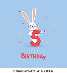 Happy birthday. 5 years old. Children's party. Rabbit with the number 5 on a blue background. 