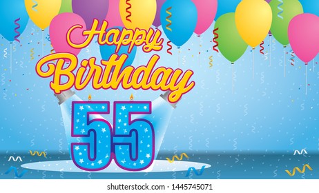 Happy Birthday 55 Greeting card. Blue candle lit in the form of a number being lit by two reflectors in a room with balloons floating with streamers and confetti falling to the floor. Vector image