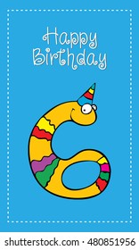 happy birthday 6 year fun cute monster character design with number ideal for poster or greeting card colour cheerful coloration precious innocent star demon eruption child colorful banquet background