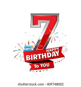 Happy Birthday 7 date , fun celebration greeting card with number, text label and colorful geometry design. EPS10 vector.