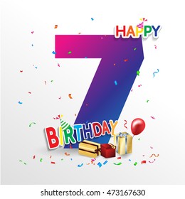 Happy Birthday 7 date , fun celebration greeting card with number, text label and colorful geometry design. EPS10 vector.