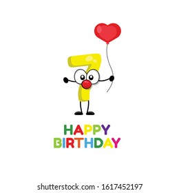 happy birthday - 7 year. happy Birthday card. funny charakter number with heart balloon. 