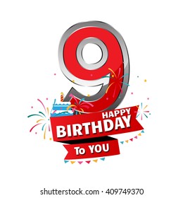Happy Birthday 9 date , fun celebration greeting card with number, text label and colorful geometry design. EPS10 vector.