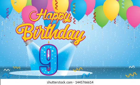 Happy Birthday 9 Greeting card. Blue candle lit in the form of a number being lit by two reflectors in a room with balloons floating with streamers and confetti falling to the floor. Vector image
