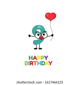 happy birthday - 9 year. happy Birthday card. funny charakter number with heart balloon. 