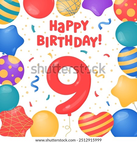 Happy Birthday 9 years card design. Ninth Birthday celebration. Vector illustration. Bday greeting card template. Helium balloons, confetti, number nine and text. Fun colorful postcard, party objects