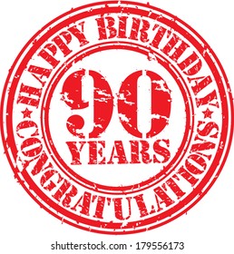 Feliz aniversário 90 anos grunge carimbo, ilustração vetorial 