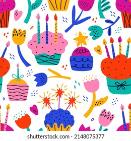 Happy birthday abstract seamless pattern. Colorful shapes and elements on white background. Doodle icons. Bday cake, flowers, heart, star, dots. Hand drawn modern vector illustration in pop art style