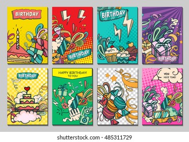 Happy Birthday Abstract Vector Illustration. Party And Celebration Design Cards. Illustration Of Balloon, Gifts, Fireworks, Ribbon, Confetti, Cake, Pie, Drinks. ?omics Style