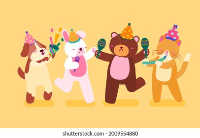 Happy birthday to adorable animal. Cat, dog, rabbit and bear wearing a party hat. They danced and sang merrily. Celebration Cartoon vector illustration