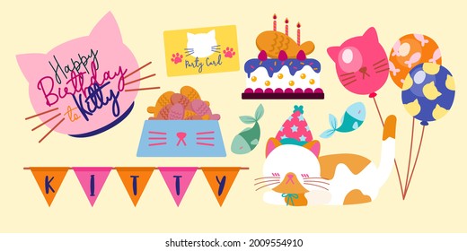 Happy birthday to adorable cats with a bowl full of food. Cat wearing a party hat There is a cake and flag on the background.