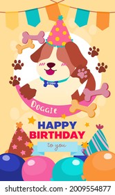 Happy birthday to adorable dogs with a bowl full of food. Dog wearing a party hat There is a cake, balloon and flag on the background. 