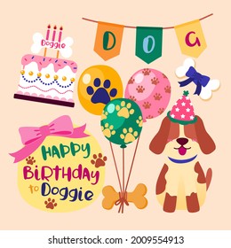 Happy birthday to adorable dogs with a bowl full of food. Dog wearing a party hat There is a cake, balloon and flag on the background. 