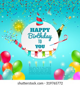 Happy Birthday Adult Party Celebration Background Template Or Invitation Card With  Champagne And Decorations Abstract Vector Illustration