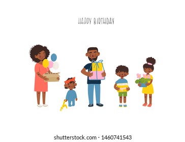 Happy birthday. Afro american family congratulates the child and gives him a gift. Vector flat design illustration.