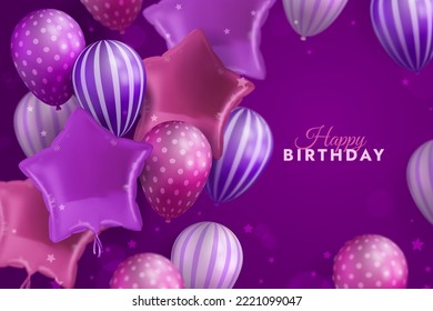 Globos de aire de feliz cumpleaños con fondo morado. Globos de papel morado glodoso y realistas para la celebración. Ilustración del vector