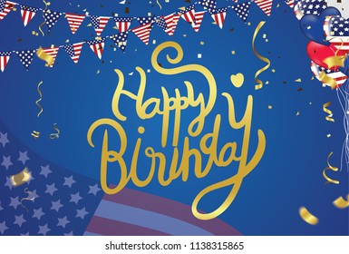 Happy birthday America lettering  Hand drawn invitation design confetti and gift box, design template for birthday celebration