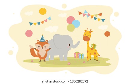 Happy Birthday animal with balloon decoration for greetings card. Set birthday Party cute giraffe ,fox and elephant .cards design invitation. Card for kids. Colorful cute card design. template card