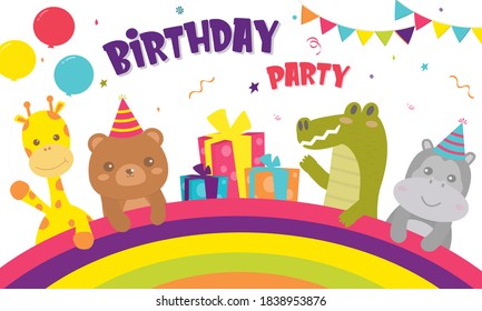 Happy Birthday animal with cake , giftbox decoration for greetings card. Set birthday Party Bear giraffe hippopotamus and crocodile cards design invitation.Card for kids.Colorful cute card design.