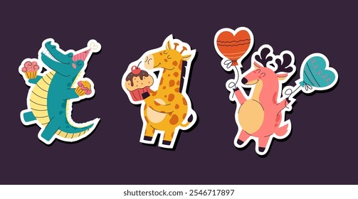 Happy birthday animal cute stickers cartoon holiday isolated set collection. Vector isolated graphic design illustration set