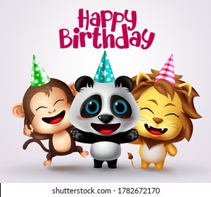 Happy birthday animal party characters vector design. Happy birthday text with animals friends character like monkey, panda and lion wearing party hat element for kids greeting card invitation. 