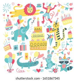 Happy birthday animal party. Children themed party chacters of cute animals bunny, lion in party hat, monkey, elephant, raccoon, crocodile, party cake, balloons, tiger.Flat vector illustration set.