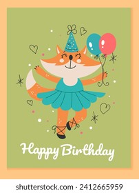 Happy birthday animal princess invitation greeting card concept. Vector flat graphic design cartoon illustration
