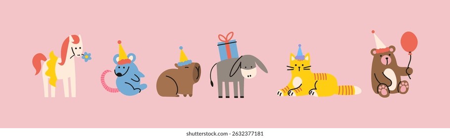 Happy birthday animals in hand draw doodle style.Festive pets happy birthday. Cartoon stickers for cards, invitations and posters. Happy animals to celebrate party with birthday atributes