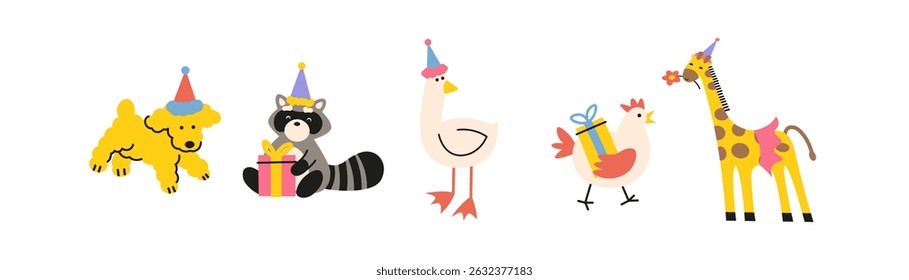 Happy birthday animals in hand draw doodle style.Festive pets happy birthday. Cartoon stickers for cards, invitations and posters. Happy animals to celebrate party with birthday atributes