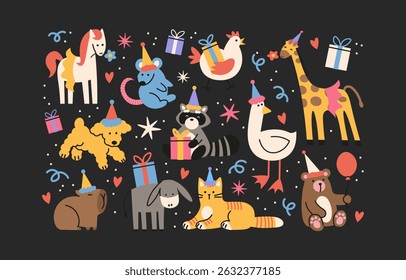 Happy birthday animals in hand draw doodle style.Festive pets happy birthday. Cartoon stickers for cards, invitations and posters. Happy animals to celebrate party with birthday atributes