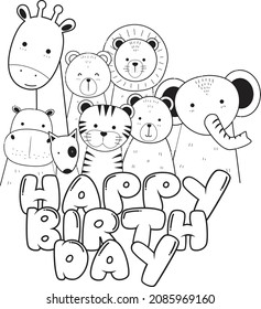 Happy birthday animals theme. jungle animals for kids. coloring page