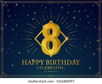 Happy birthday anniversary celebration greeting card. With Luxury golden frame, shiny sparkles. Vector 3d illustration background. Typography design poster, celebrating banner, invitation flyer