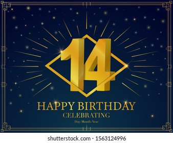 Happy birthday anniversary celebration greeting card. With Luxury golden frame, shiny sparkles. Vector 3d illustration background. Typography design poster, celebrating banner, invitation flyer