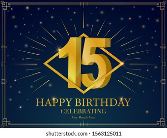 Happy birthday anniversary celebration greeting card. With Luxury golden frame, shiny sparkles. Vector 3d illustration background. Typography design poster, celebrating banner, invitation flyer