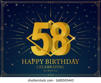 Happy birthday anniversary celebration greeting card. With Luxury golden frame, shiny sparkles. Vector 3d illustration background. Typography design poster, celebrating banner, invitation flyer