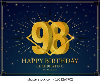 Happy birthday anniversary celebration greeting card. With Luxury golden frame, shiny sparkles. Vector 3d illustration background. Typography design poster, celebrating banner, invitation flyer