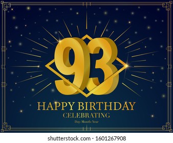 Happy birthday anniversary celebration greeting card. With Luxury golden frame, shiny sparkles. Vector 3d illustration background. Typography design poster, celebrating banner, invitation flyer