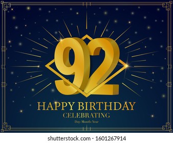 Happy birthday anniversary celebration greeting card. With Luxury golden frame, shiny sparkles. Vector 3d illustration background. Typography design poster, celebrating banner, invitation flyer