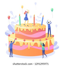 Happy birthday, Anniversary, Company Day concept with characters on a big cake with candles. Can use for web banner, infographics, hero images. Flat vector illustration isolated on white background.