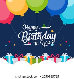 Happy birthday anniversary greeting card, Birthday gift and stars, text box banner with color balloon background.