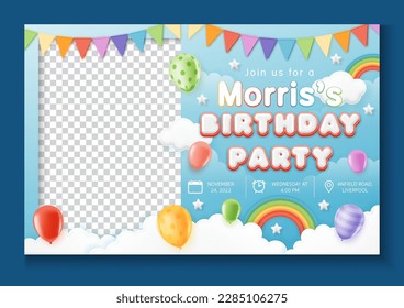 Happy birthday anniversary greeting card and kid party invitation template with photo, balloon, flag, star and rainbow on the blue background for children. 3d vector illustration