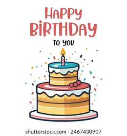 Feliz cumpleaños y tarjeta de felicitación de aniversario con pastel. Plantilla de tarjeta de felicitación con pastel en estilo plano. Dulce panadería de vacaciones. Postre pastelero con crema y velas de volante festivo. Ilustración vectorial