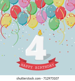 Happy Birthday anniversary greeting card with number Four, balloons, ribbons and confetti