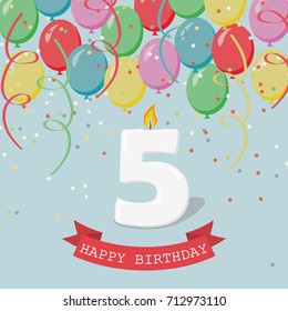 Happy Birthday anniversary greeting card with number Five, balloons, ribbons and confetti