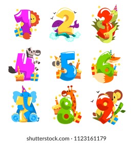 Happy birthday, anniversary numbers with cute animal characters set, funny lion, zebra, whale, snake, fox, giraffe, elephant, panda, koala vector Illustrations on a white background