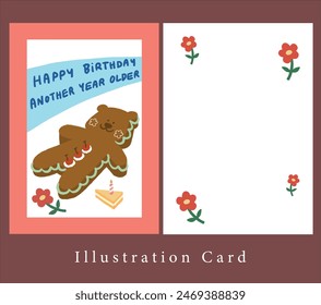 happy birthday another year older ,teddy bear cake on birthday card , illustration