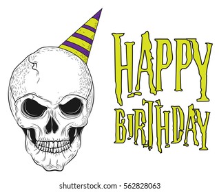 Happy Birthday Art. With Skull. Vector Illustration